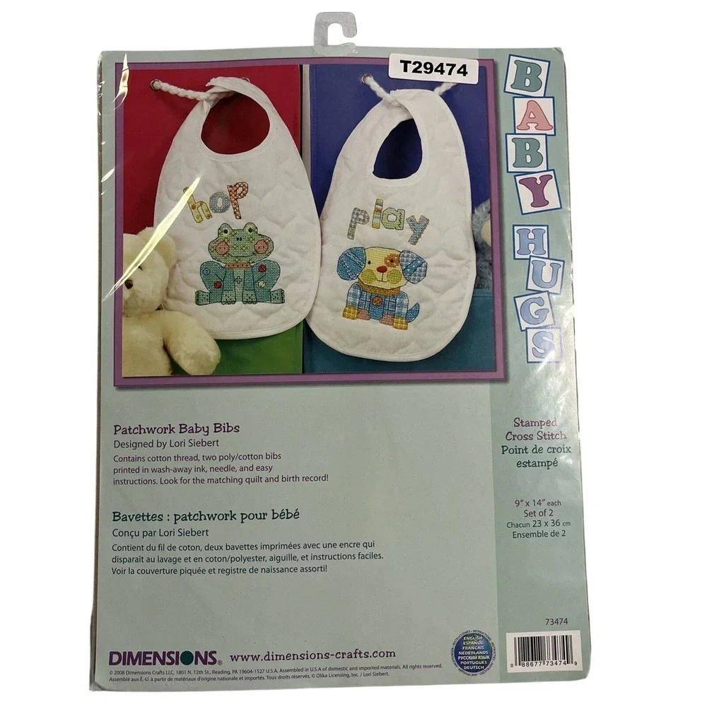 Dimensions Patchwork Baby‎ Bib Stamped Cross Stich Kit 73474 2008 Baby Hugs
